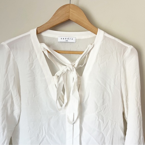 Sandro Paris Cleo Tie Lace Up Silk Blouse Ecru Off-White 2 EU 38 NWOT - Picture 4 of 15